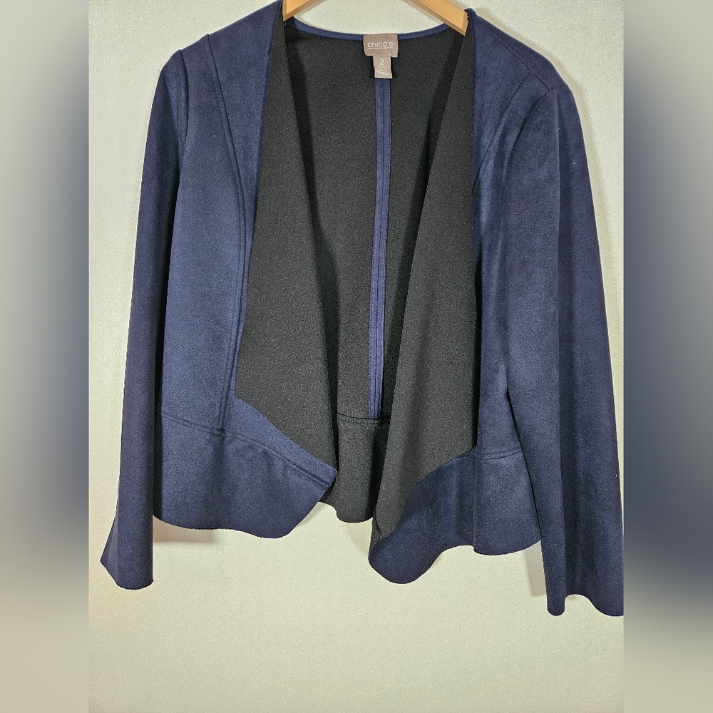 Chicos Faux Suede Blazer Jacket Navy Black Lapel Open Front LG